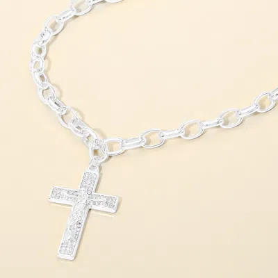 Fashnzfab Rhinestone Pave Jesus Christ Cross Pendant Chunk Chain Necklace In Silver