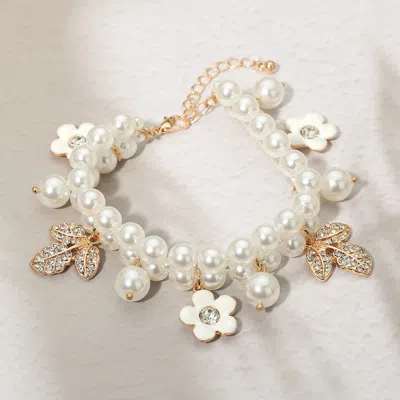 Fashnzfab Rhinestone Pave Leaf Flower Charm Pearl Beaded Bracelet In Silver