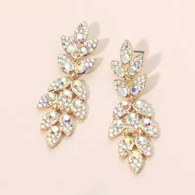 Fashnzfab Rhinestone Pave Leaf Motif Drop Evening Earrings In Gold