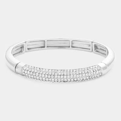 Fashnzfab Rhinestone Pave Line Wide Metal Stretch Bracelet In Metallic