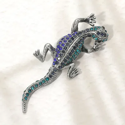 Fashnzfab Rhinestone Pave Lizard Pin Brooch In Blue