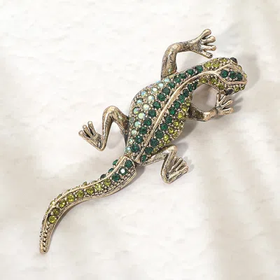 Fashnzfab Rhinestone Pave Lizard Pin Brooch In Green