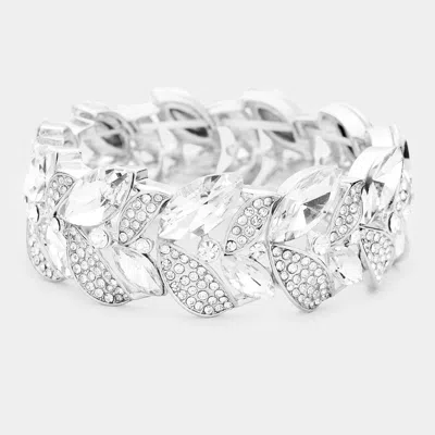 Fashnzfab Rhinestone Pave Marquise Stone Leaf Stretch Evening Bracelet Clear, Silver In Multi