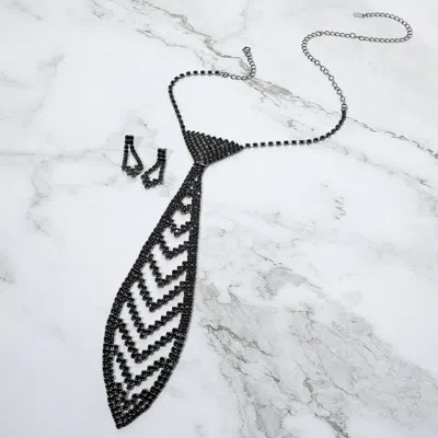 Fashnzfab Rhinestone Pave Neck Tie Necklace In Black