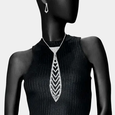 Fashnzfab Rhinestone Pave Neck Tie Necklace In Silver