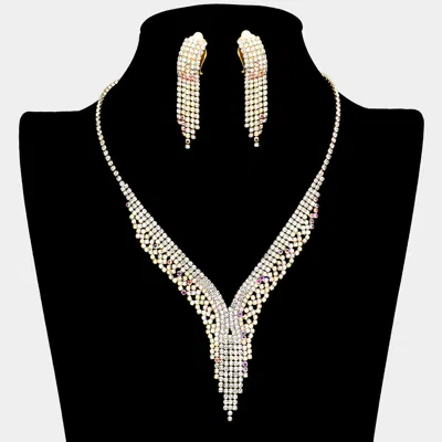 Fashnzfab Rhinestone Pave Necklace Clip On Earring Set - Ab, Gold In Multi