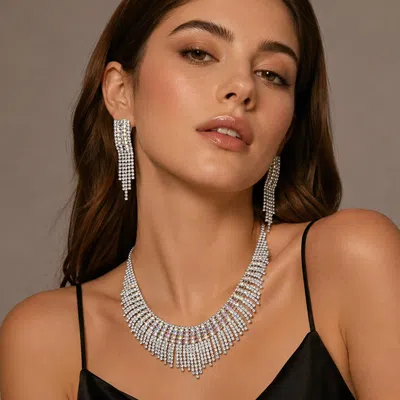 Fashnzfab Rhinestone Pave Necklace Clip On Earring Set In Multi