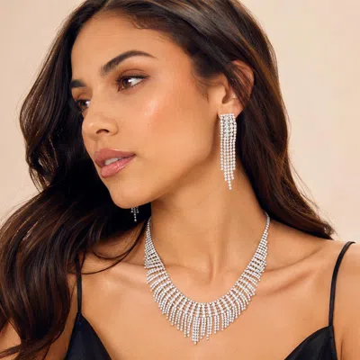 Fashnzfab Rhinestone Pave Necklace Clip On Earring Set In Silver