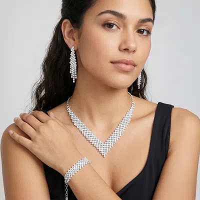 Fashnzfab Rhinestone Pave Necklace Jewelry Set In Gray