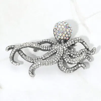 Fashnzfab Rhinestone Pave Octopus Pin Brooch In White