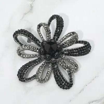 Fashnzfab Rhinestone Pave Open Petal Flower Pin Brooch In Black