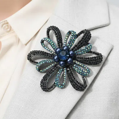 Fashnzfab Rhinestone Pave Open Petal Flower Pin Brooch In Blue