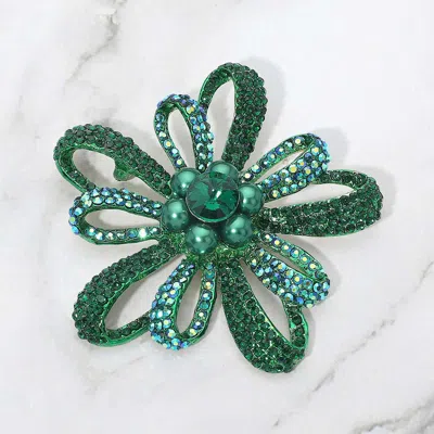Fashnzfab Rhinestone Pave Open Petal Flower Pin Brooch In Green