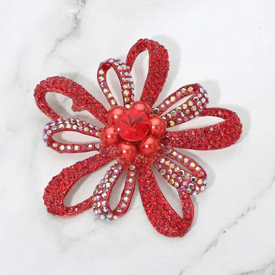 Fashnzfab Rhinestone Pave Open Petal Flower Pin Brooch In Red
