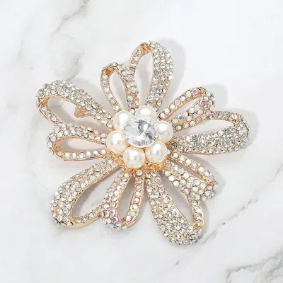 Fashnzfab Rhinestone Pave Open Petal Flower Pin Brooch In Silver