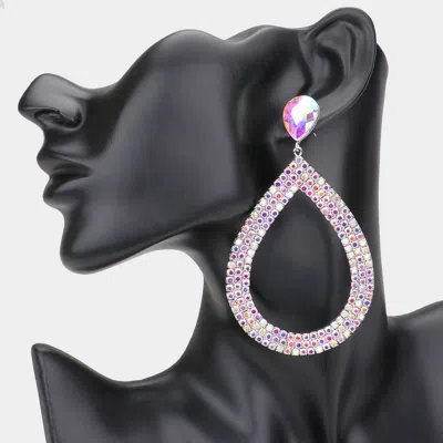 Fashnzfab Rhinestone Pave Open Teardrop Dangle Evening Earrings - Ab, Silver In White