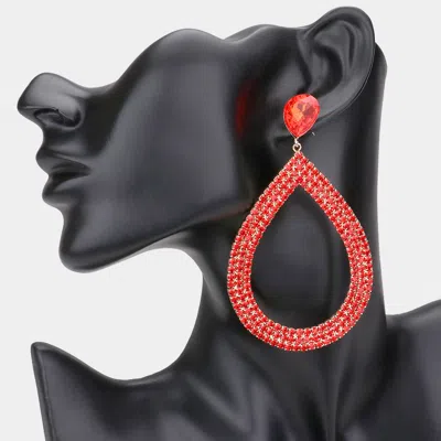 Fashnzfab Rhinestone Pave Open Teardrop Dangle Evening Earrings - Red