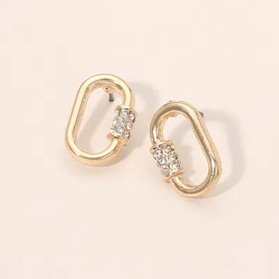 Fashnzfab Rhinestone Pave Oval Carabiner Shape Stud Earrings In Gold