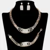 Fashnzfab Rhinestone Pave Patterned Textured Metal Necklace Jewelry Set In Brown