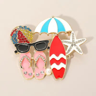 Fashnzfab Rhinestone Pave Pearl Enamel Beach Theme Pin Brooch In Multi