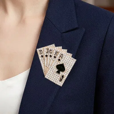 Fashnzfab Rhinestone Pave Playing Card Pin Brooch In Silver