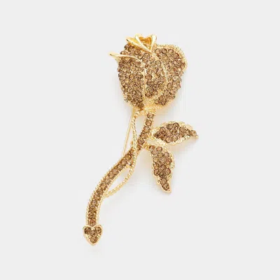 Fashnzfab Rhinestone Pave Rose Flower Stem Pin Brooch In Gold