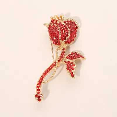 Fashnzfab Rhinestone Pave Rose Flower Stem Pin Brooch In Red