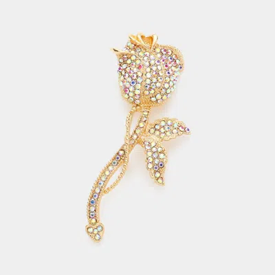 Fashnzfab Rhinestone Pave Rose Flower Stem Pin Brooch In Silver
