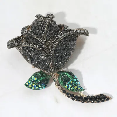 Fashnzfab Rhinestone Pave Rose Statement Pin Brooch In Black