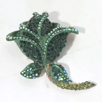 Fashnzfab Rhinestone Pave Rose Statement Pin Brooch In Green