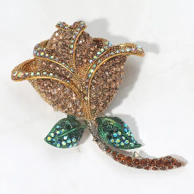 Fashnzfab Rhinestone Pave Rose Statement Pin Brooch In Brown
