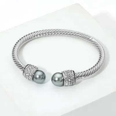Fashnzfab Rhinestone Pave Round Ball Tip Twisted Cable Cuff Bracelet In Metallic