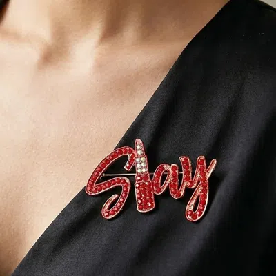 Fashnzfab Rhinestone Pave Slay Pin Brooch In Red