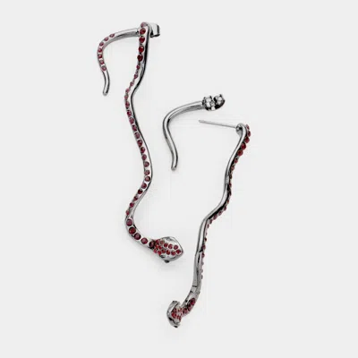 Fashnzfab Rhinestone Pave Snake Drop Earrings - Hematite, Red In Silver