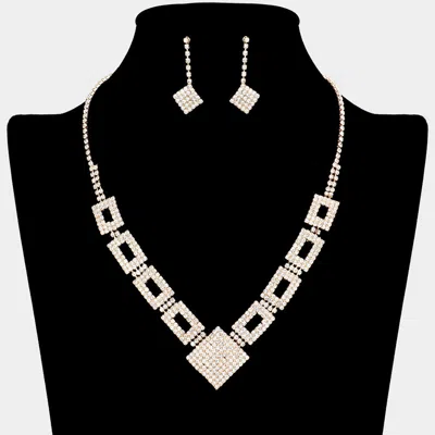 Fashnzfab Rhinestone Pave Square Open Rectangle Necklace In Gold