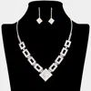 Fashnzfab Rhinestone Pave Square Open Rectangle Necklace In Silver