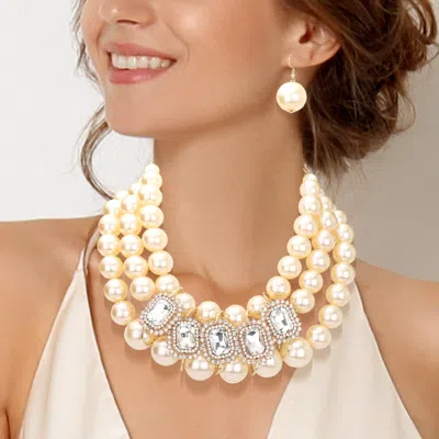 Fashnzfab Rhinestone Pave Stone Accented Pearl Necklace In Gold