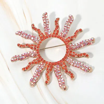 Fashnzfab Rhinestone Pave Sunburst Pin Brooch In Orange