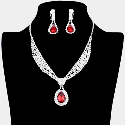 Fashnzfab Rhinestone Pave Teardrop Collar Necklace & Clip Earring Set - Red