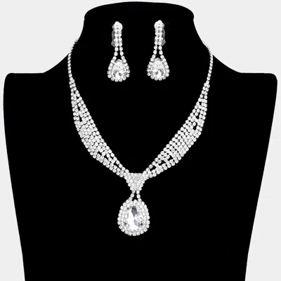 Fashnzfab Rhinestone Pave Teardrop Collar Necklace & Clip Earring Set - Silver