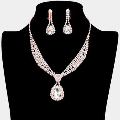 Fashnzfab Rhinestone Pave Teardrop Collar Necklace & Clip Earring Set In Gold