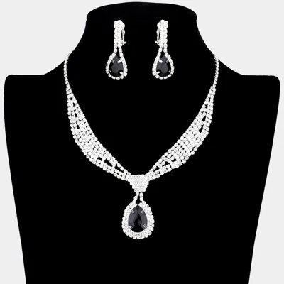 Fashnzfab Rhinestone Pave Teardrop Collar Necklace & Clip Earring Set In White