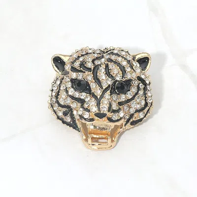 Fashnzfab Rhinestone Pave Tiger Head Pin Brooch In Gold