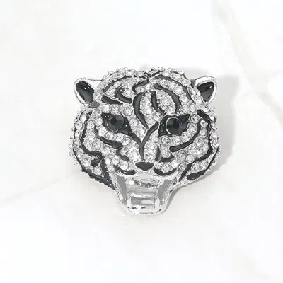 Fashnzfab Rhinestone Pave Tiger Head Pin Brooch In Metallic
