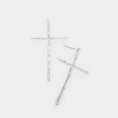 Fashnzfab Rhinestone Pave Treble Cross Stud Earrings - Clear, Rhodium In Metallic