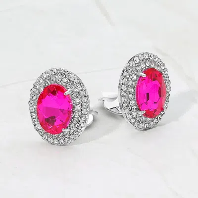 Fashnzfab Rhinestone Pave Trip Oval Evening Clip On Earrings In Pink