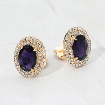 Fashnzfab Rhinestone Pave Trip Oval Evening Clip On Earrings In Purple