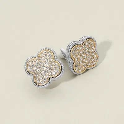 Fashnzfab Rhinestone Pave Two Tone Quatrefoil Clip On Earrings In Multi