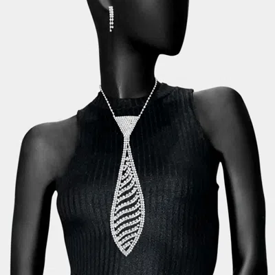 Fashnzfab Rhinestone Pave Wave Neck Tie Necklace In Silver