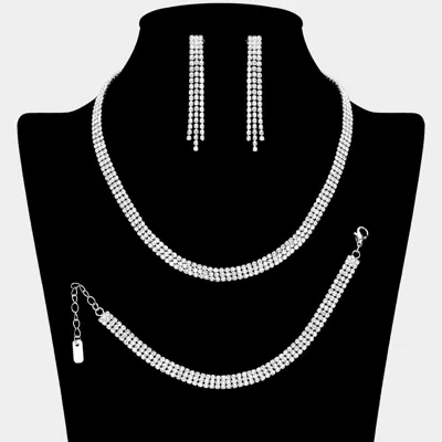 Fashnzfab Rhinestone Paved 3-row Necklace Jewelry Set In Silver
